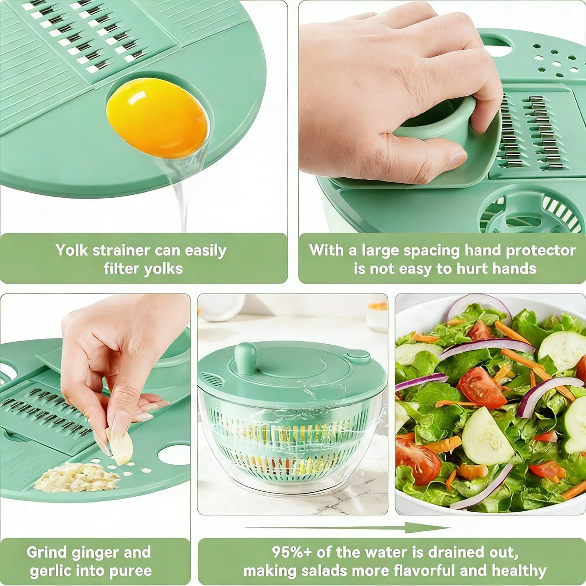 3-in-1 Salad Spinner with 5-Blade Slicer – 5.3 Qt Vegetable Washer, Strainer & Kitchen Prep Bowl
